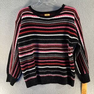 Ruby Rd Sweater Women's PXL Black‎ Pink Stripe Long Sleeve Pullover Chenille